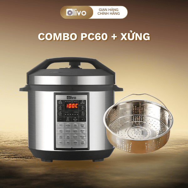 Nồi Áp Suất Điện Đa Năng OLIVO PC60 + Xửng Hấp Inox